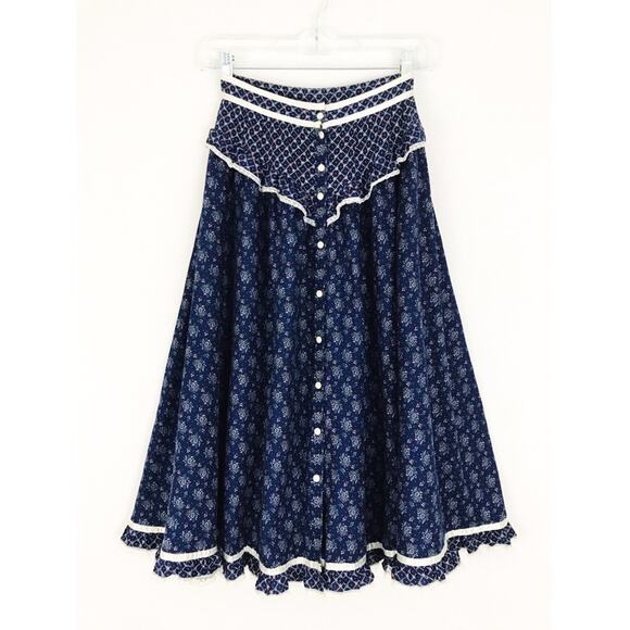 Vintage Gunne Sax Button-Front Prairie Skirt in Navy | Size XXS - Picture 2 of 7